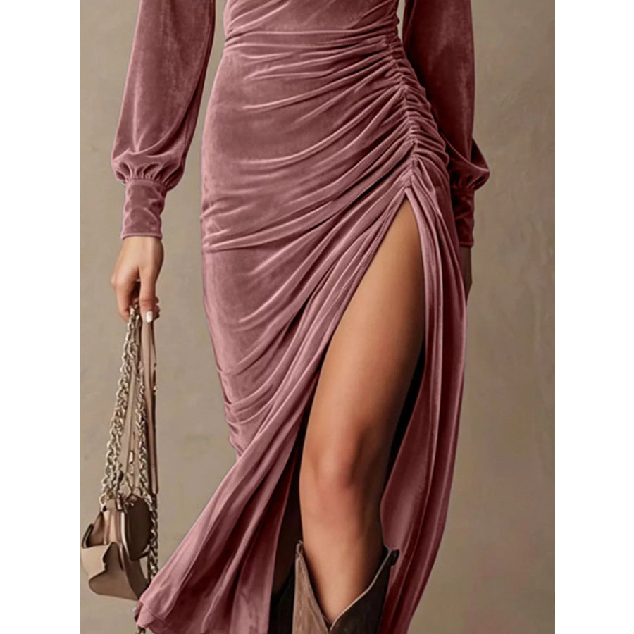 Velvet Ruched Long-Sleeve Slit Dress Apparel and Accessories