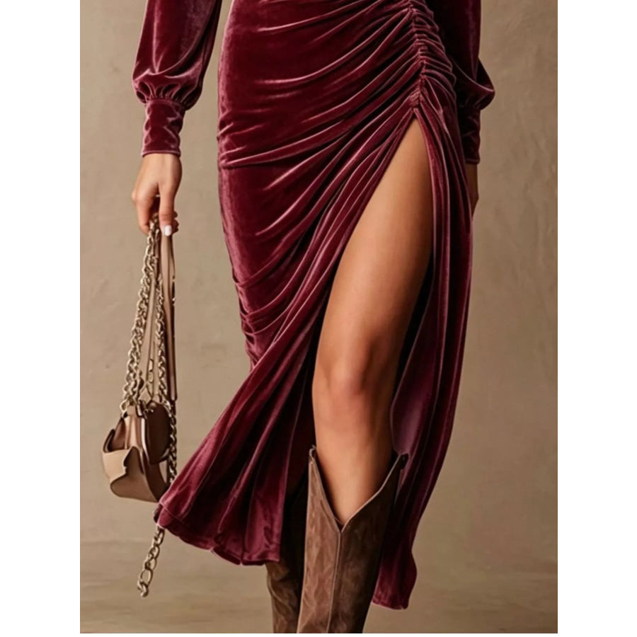 Velvet Ruched Long-Sleeve Slit Dress Apparel and Accessories
