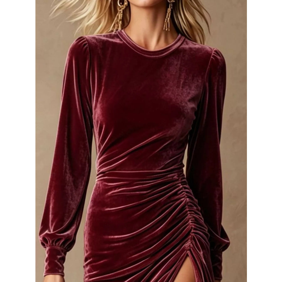 Velvet Ruched Long-Sleeve Slit Dress Apparel and Accessories