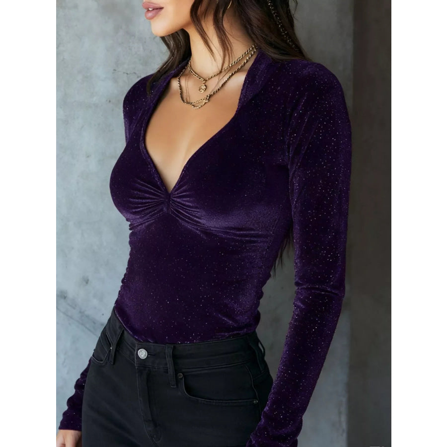 Velvet Ruched Long Sleeve T-Shirt Apparel and Accessories