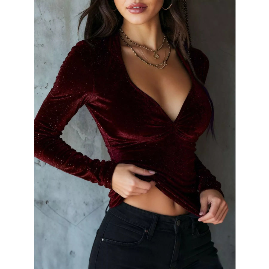Velvet Ruched Long Sleeve T-Shirt Apparel and Accessories