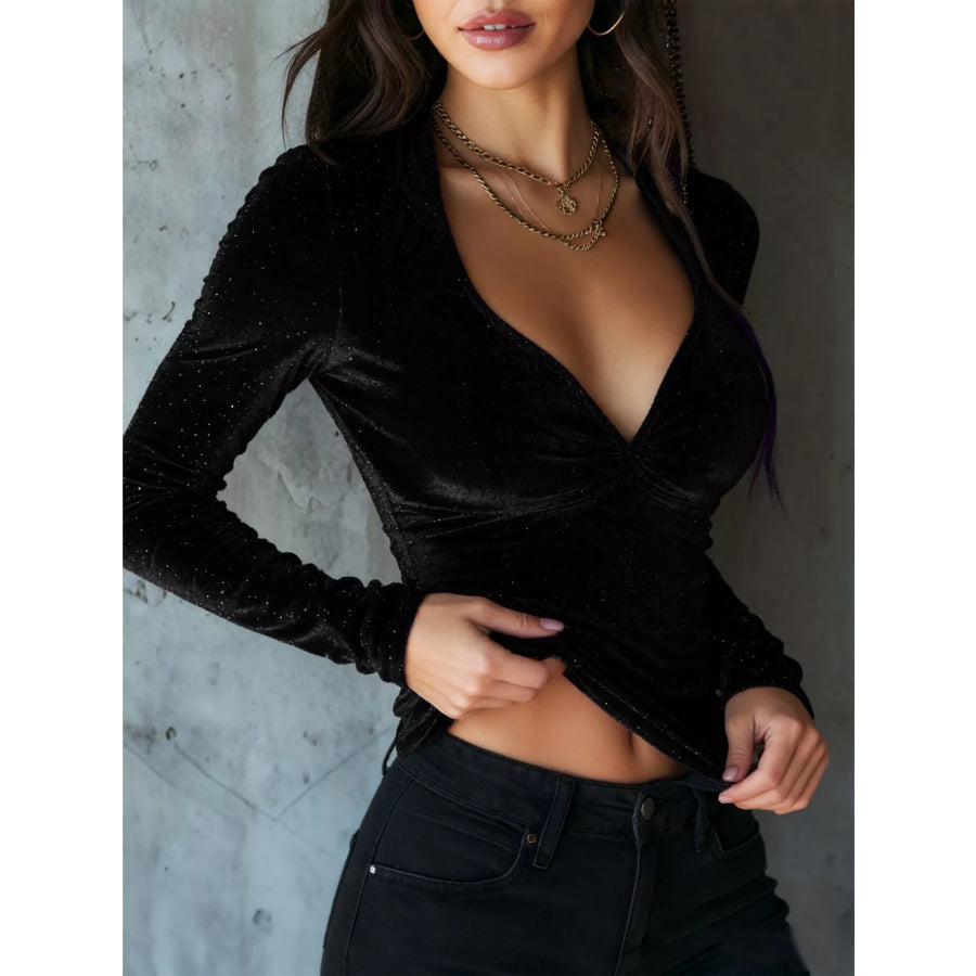 Velvet Ruched Long Sleeve T-Shirt Apparel and Accessories