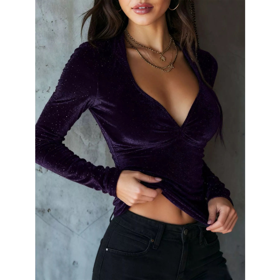 Velvet Ruched Long Sleeve T-Shirt Apparel and Accessories