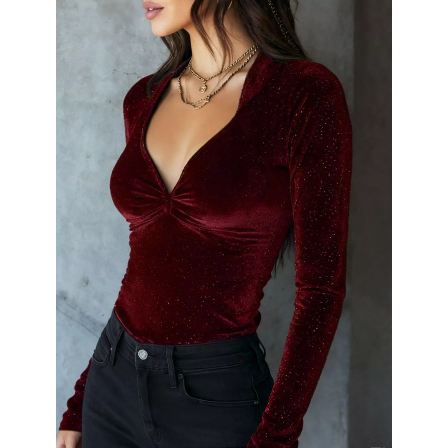 Velvet Ruched Long Sleeve T-Shirt Apparel and Accessories