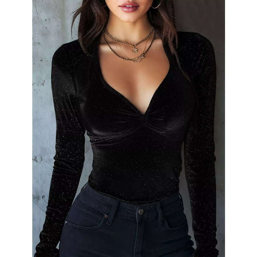 Velvet Ruched Long Sleeve T-Shirt Black / S Apparel and Accessories
