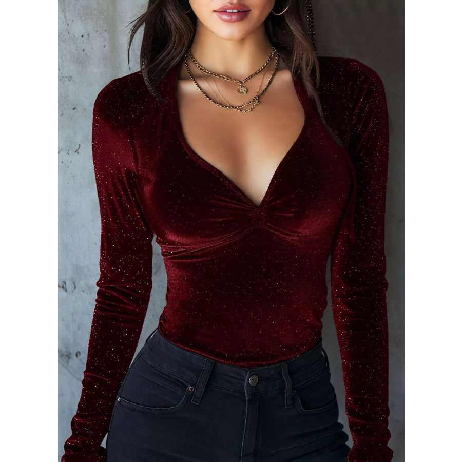 Velvet Ruched Long Sleeve T-Shirt Burgundy / S Apparel and Accessories
