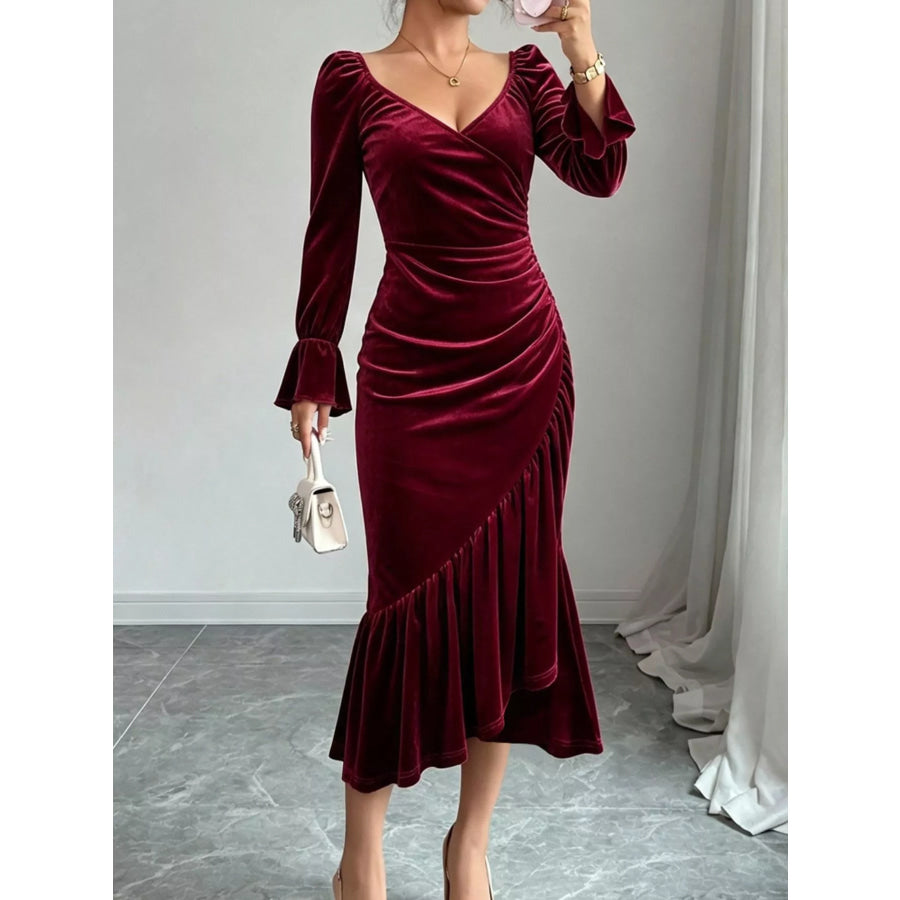 Velvet Ruched Ruffle Hem Midi Dress Apparel and Accessories