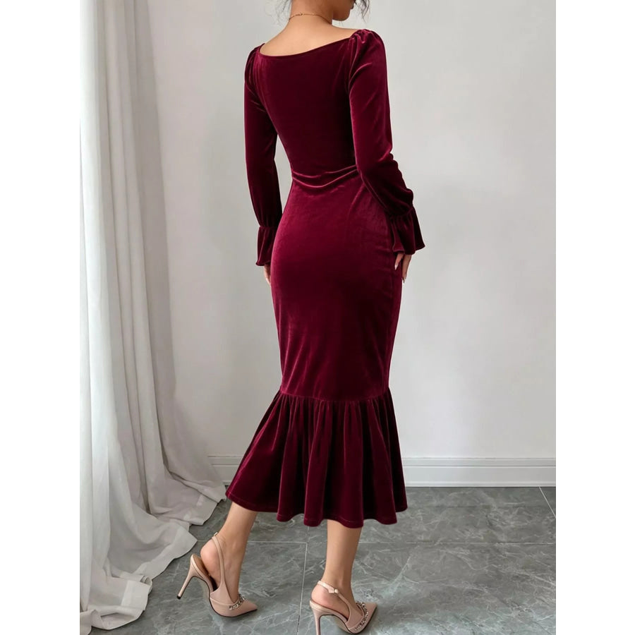 Velvet Ruched Ruffle Hem Midi Dress Apparel and Accessories