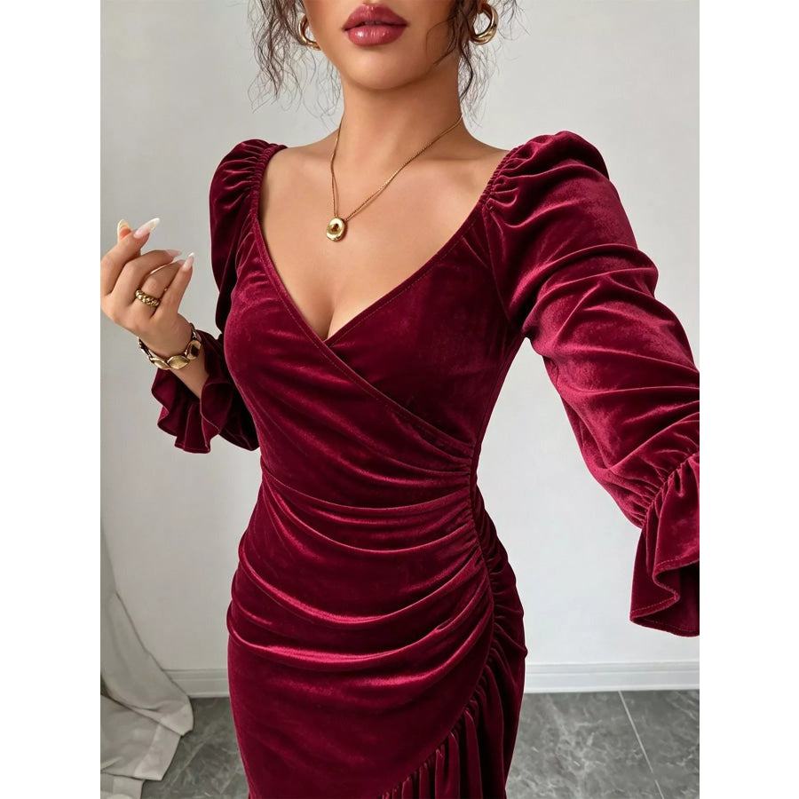 Velvet Ruched Ruffle Hem Midi Dress Apparel and Accessories