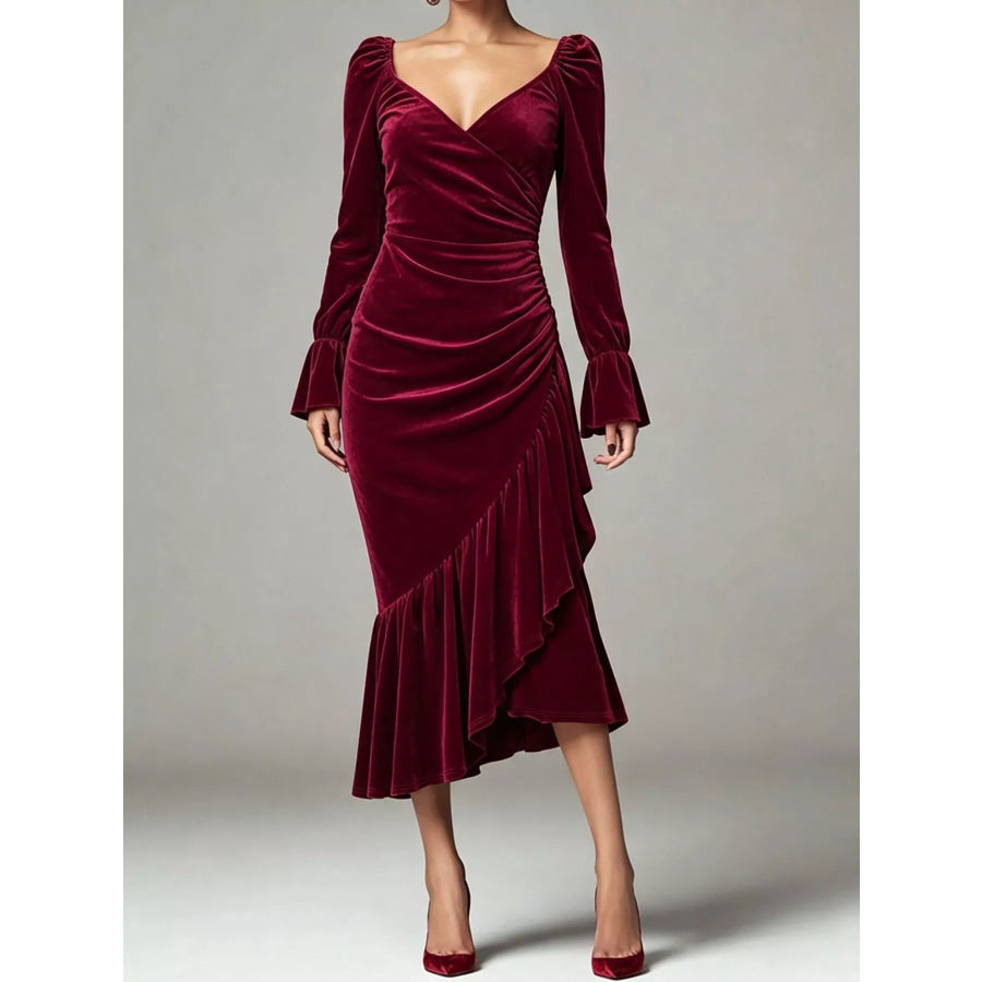 Velvet Ruched Ruffle Hem Midi Dress Burgundy / S Apparel and Accessories