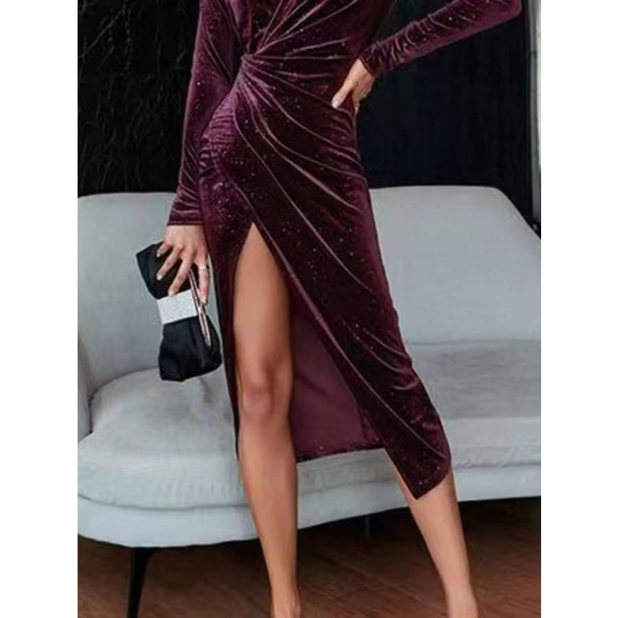 Velvet Ruched Slit Midi Dress Apparel and Accessories