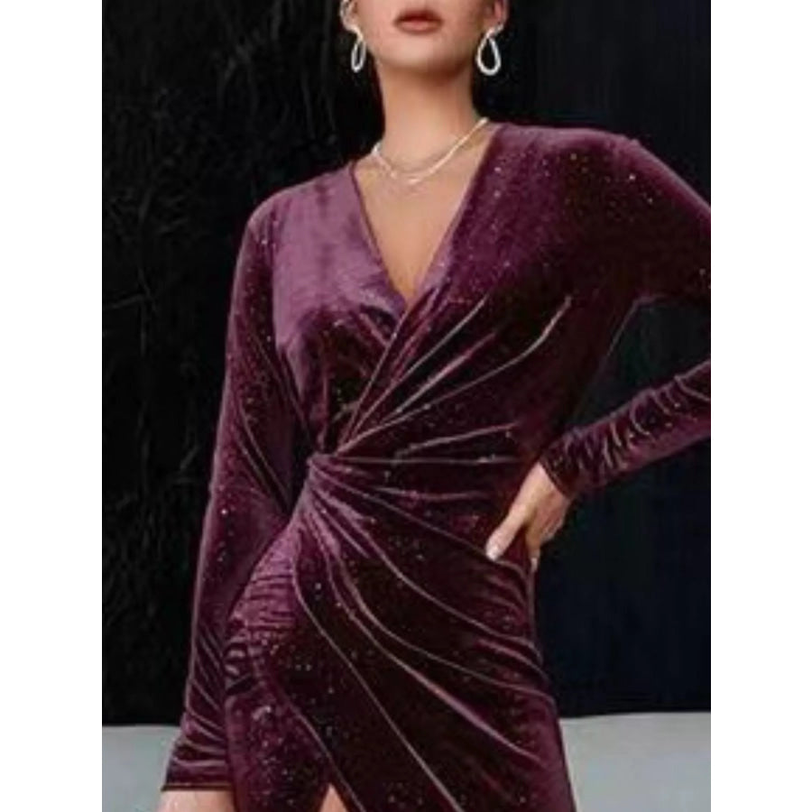 Velvet Ruched Slit Midi Dress Apparel and Accessories