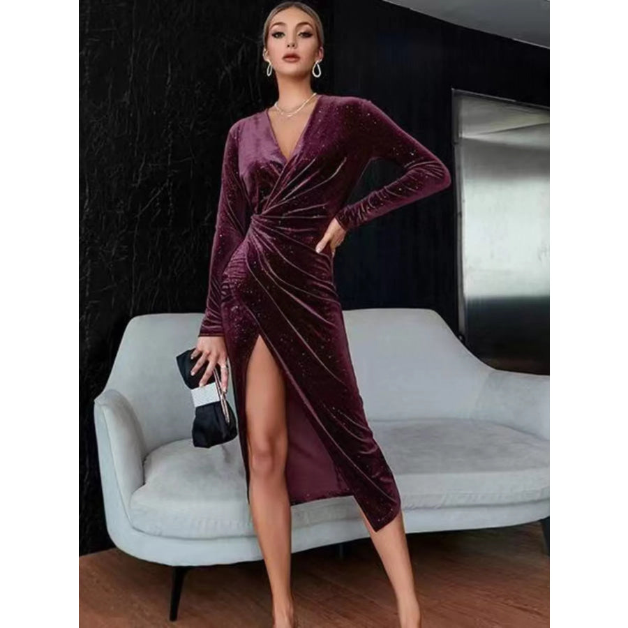 Velvet Ruched Slit Midi Dress Plum Purple / S Apparel and Accessories