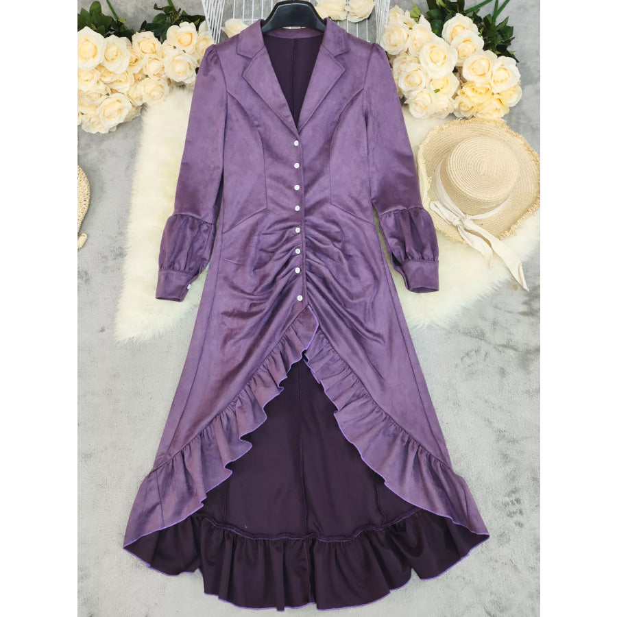 Velvet Ruffle Slit Midi Dress Purple / S Apparel and Accessories