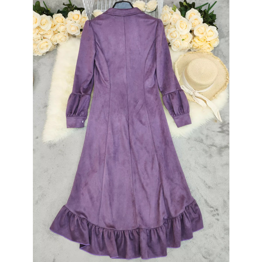 Velvet Ruffle Slit Midi Dress Apparel and Accessories