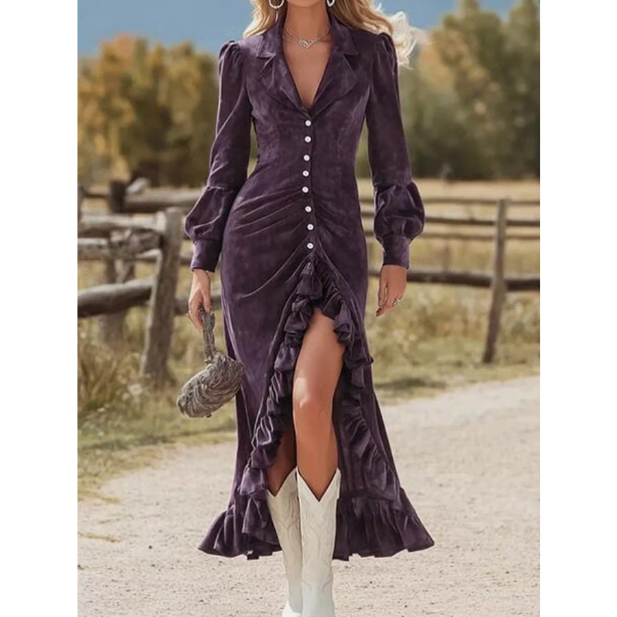 Velvet Ruffle Slit Midi Dress Purple / S Apparel and Accessories