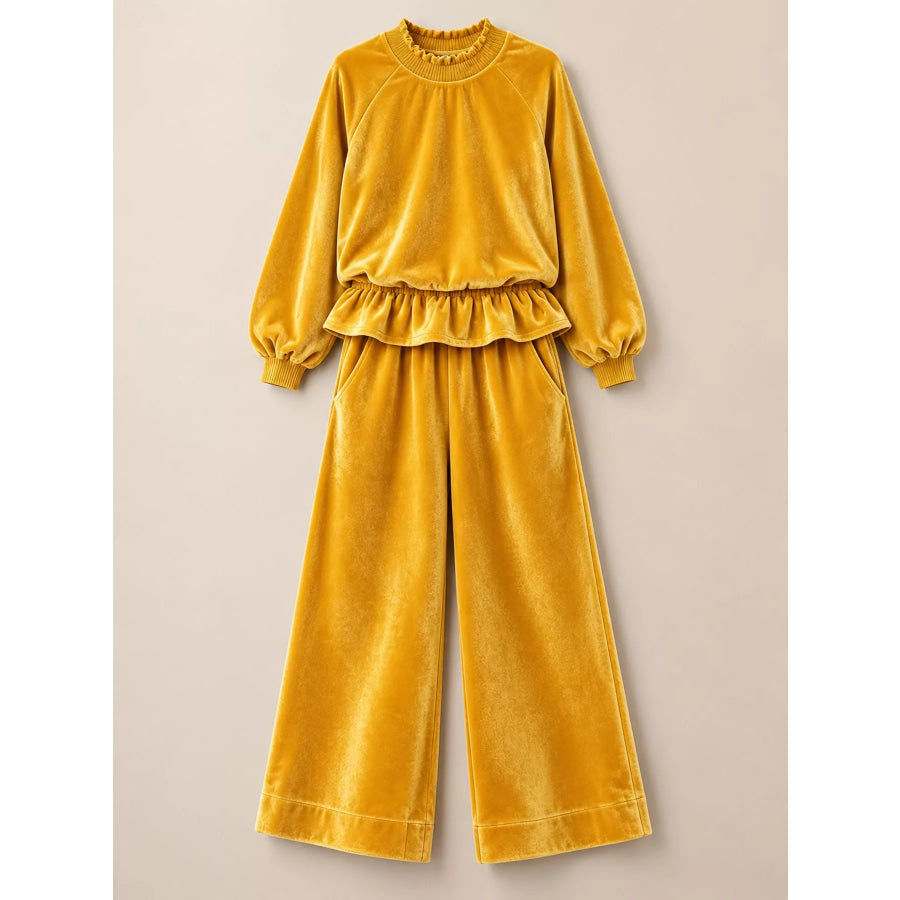 Velvet Ruffled Hem Top and Wide-Leg Pants Set Apparel Accessories