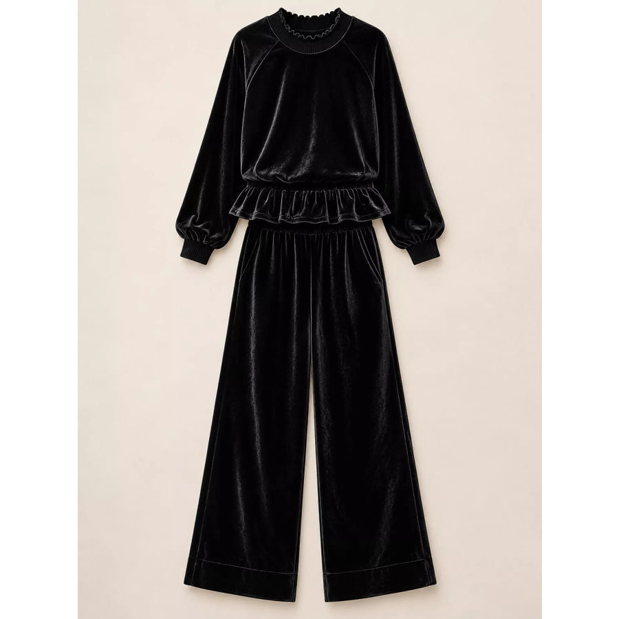 Velvet Ruffled Hem Top and Wide-Leg Pants Set Apparel Accessories