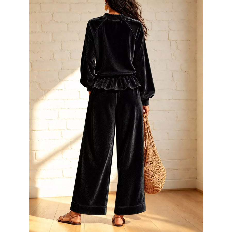 Velvet Ruffled Hem Top and Wide-Leg Pants Set Apparel Accessories