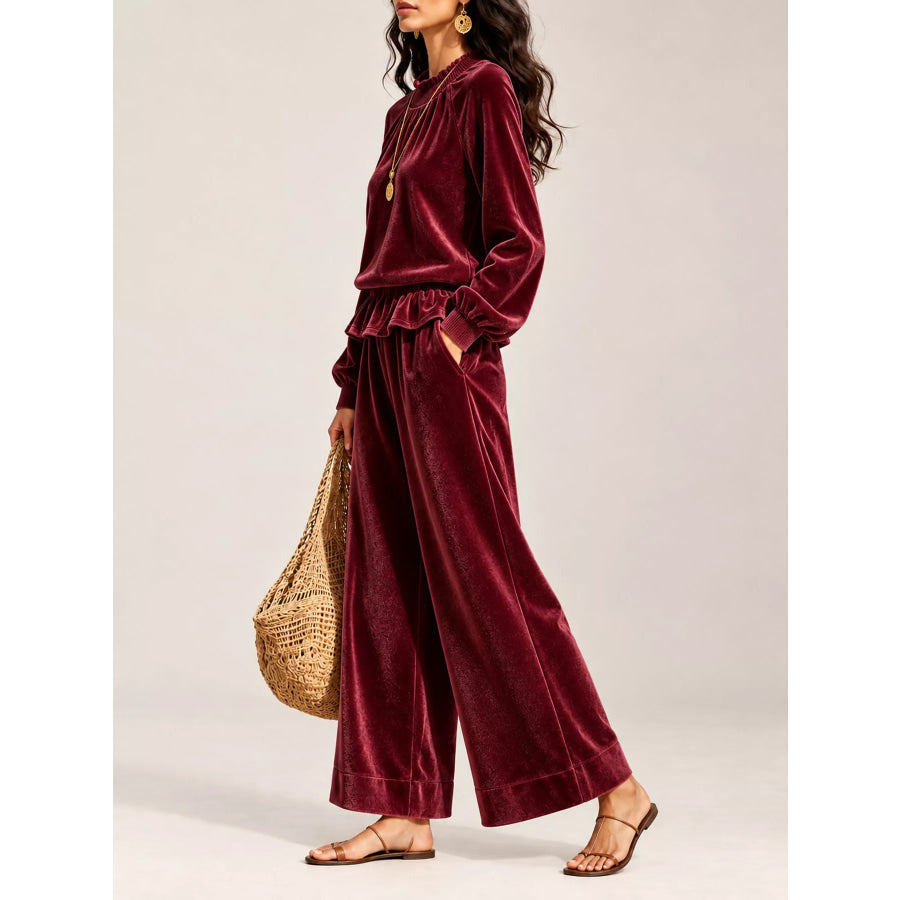 Velvet Ruffled Hem Top and Wide-Leg Pants Set Apparel Accessories