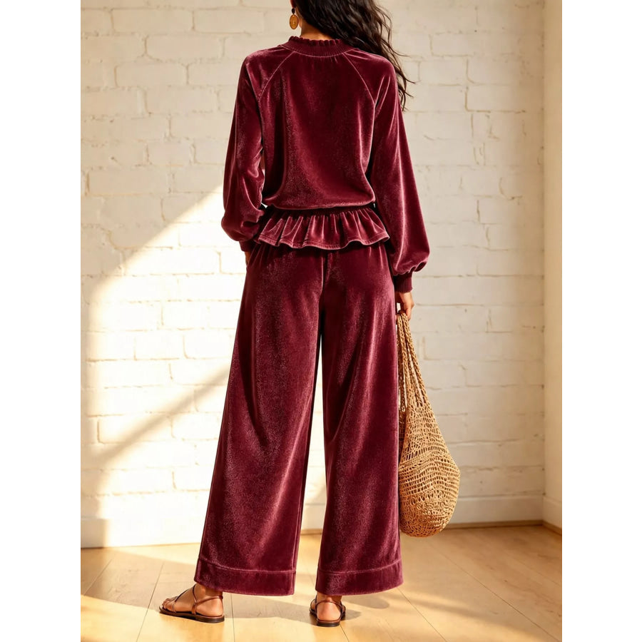 Velvet Ruffled Hem Top and Wide-Leg Pants Set Apparel Accessories