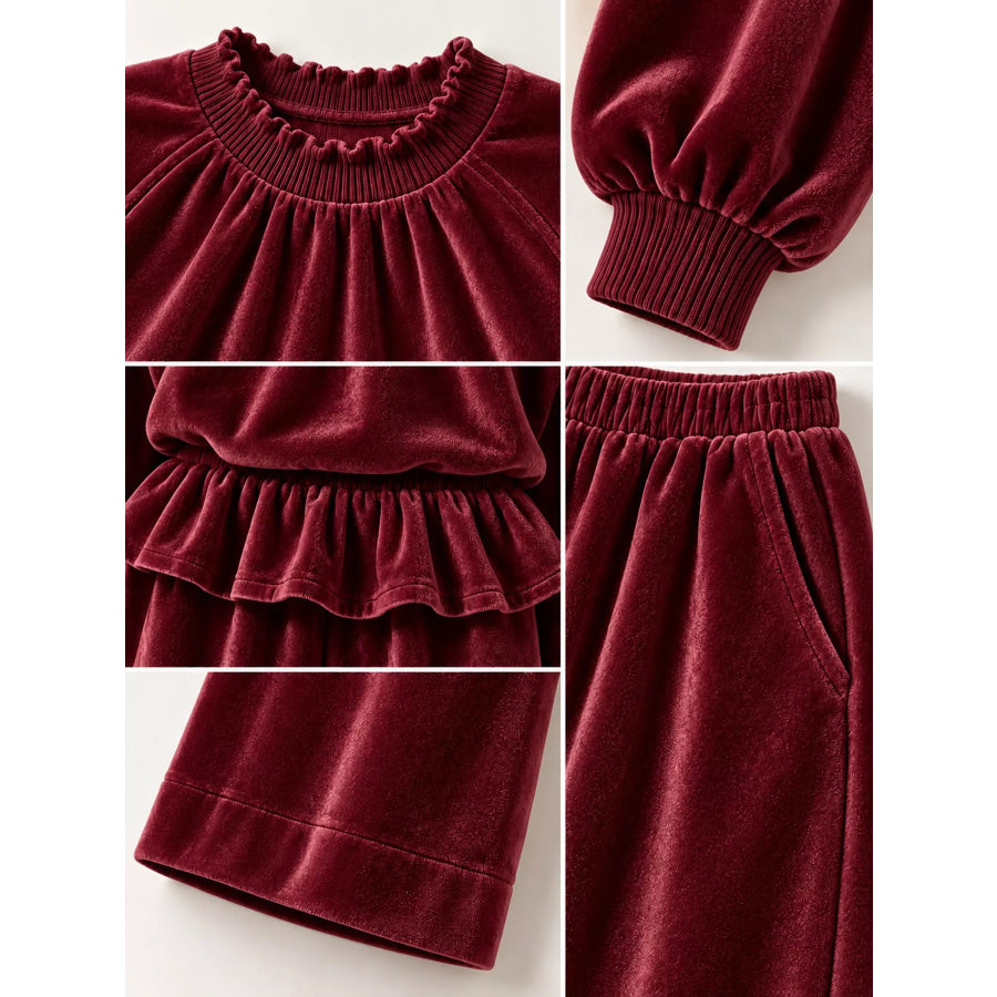 Velvet Ruffled Hem Top and Wide-Leg Pants Set Apparel Accessories