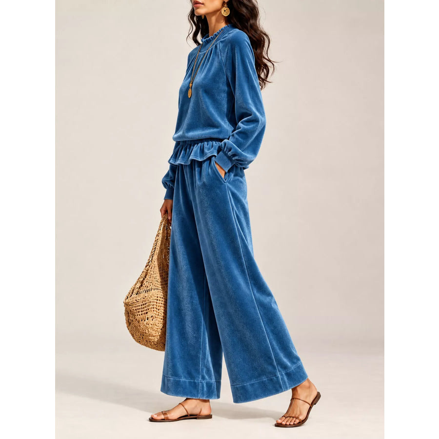 Velvet Ruffled Hem Top and Wide-Leg Pants Set Apparel Accessories