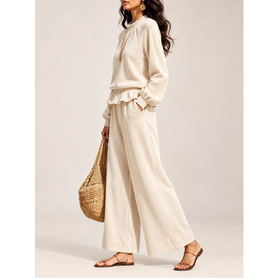 Velvet Ruffled Hem Top and Wide-Leg Pants Set Apparel Accessories