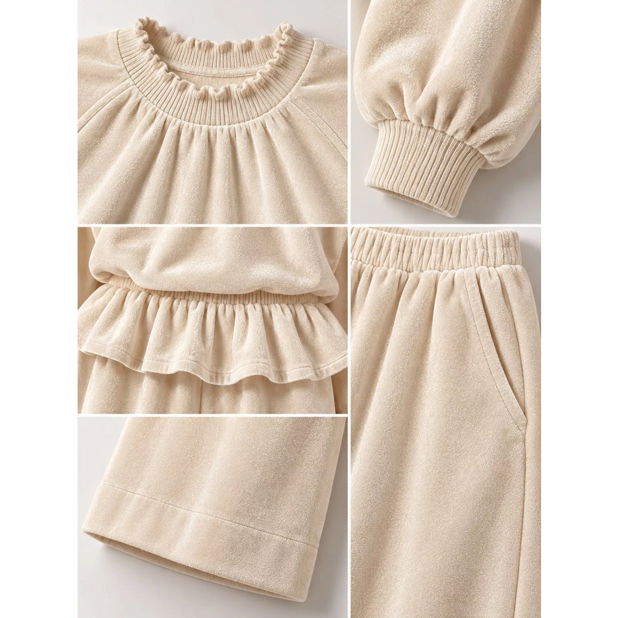 Velvet Ruffled Hem Top and Wide-Leg Pants Set Apparel Accessories