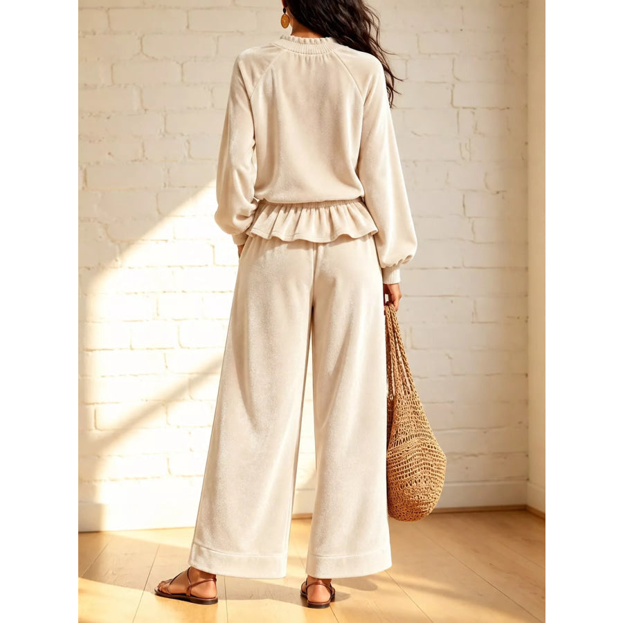 Velvet Ruffled Hem Top and Wide-Leg Pants Set Off-White / S Apparel Accessories