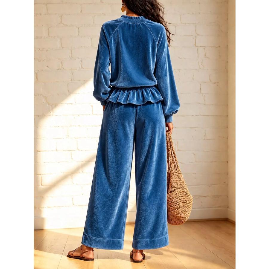 Velvet Ruffled Hem Top and Wide-Leg Pants Set Apparel Accessories