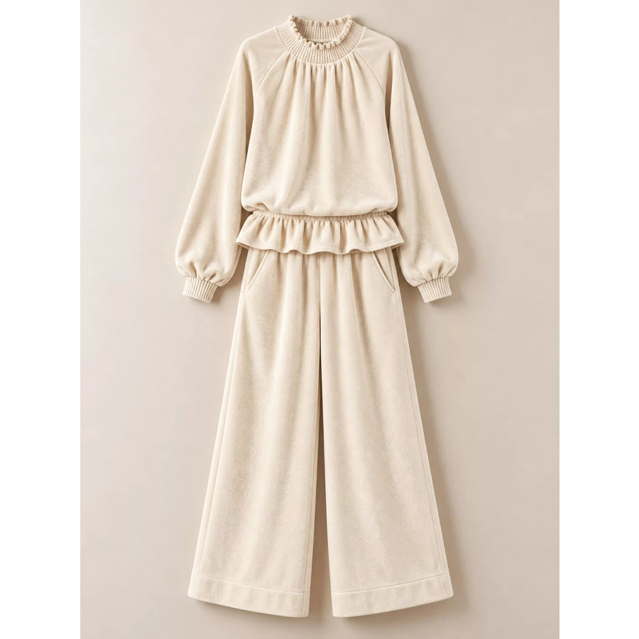 Velvet Ruffled Hem Top and Wide-Leg Pants Set Apparel Accessories
