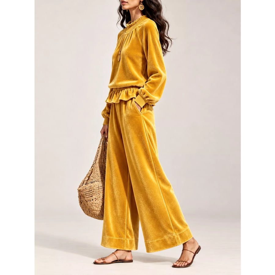 Velvet Ruffled Hem Top and Wide-Leg Pants Set Apparel Accessories