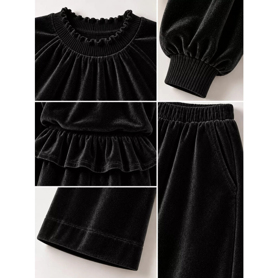 Velvet Ruffled Hem Top and Wide-Leg Pants Set Apparel Accessories