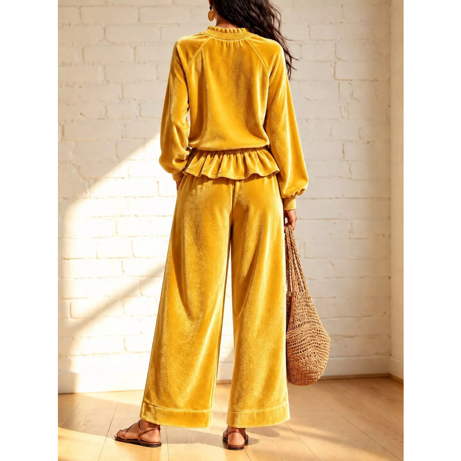 Velvet Ruffled Hem Top and Wide-Leg Pants Set Apparel Accessories