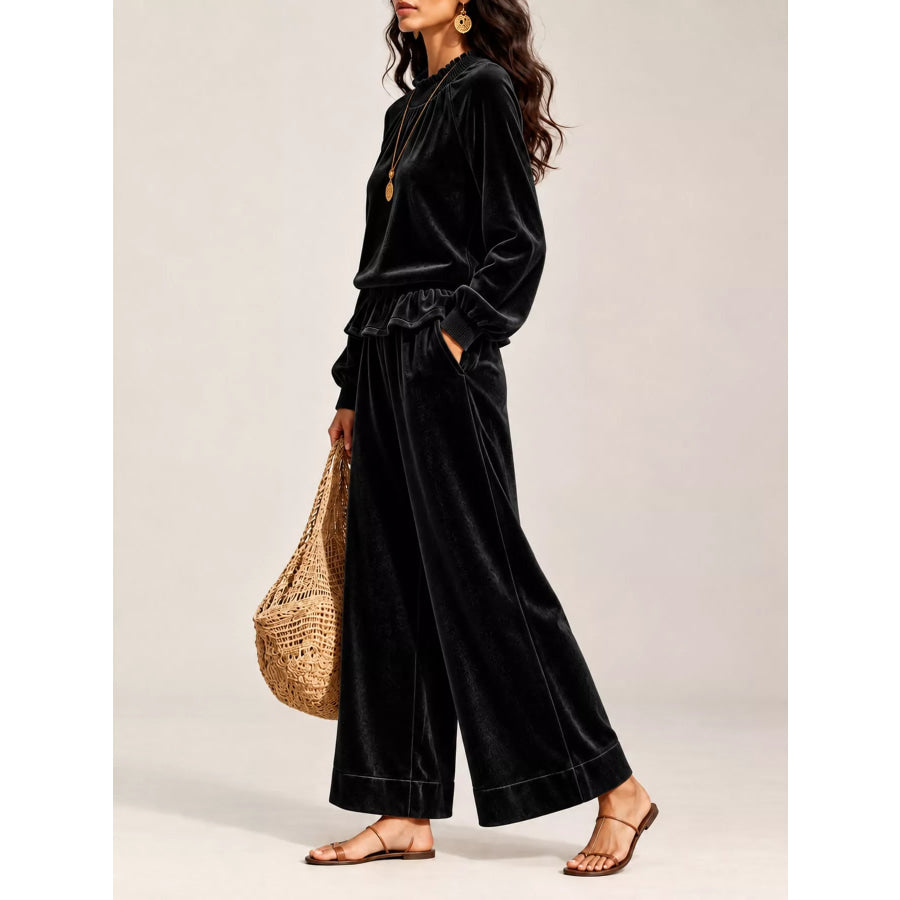 Velvet Ruffled Hem Top and Wide-Leg Pants Set Apparel Accessories