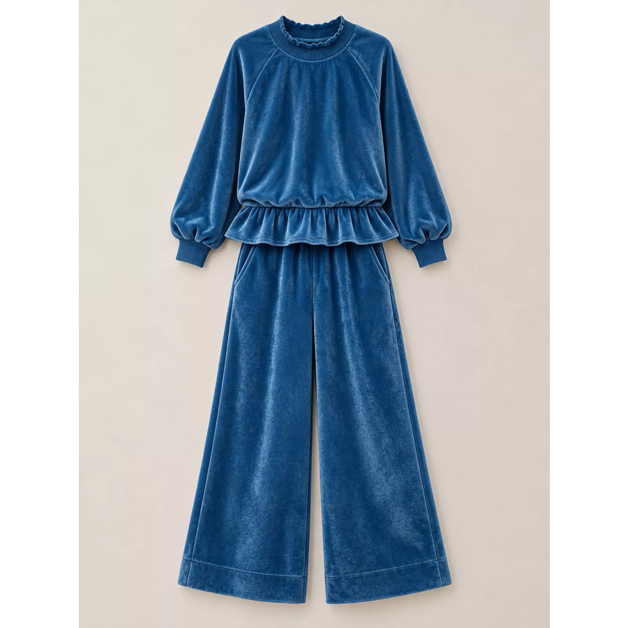 Velvet Ruffled Hem Top and Wide-Leg Pants Set Apparel Accessories