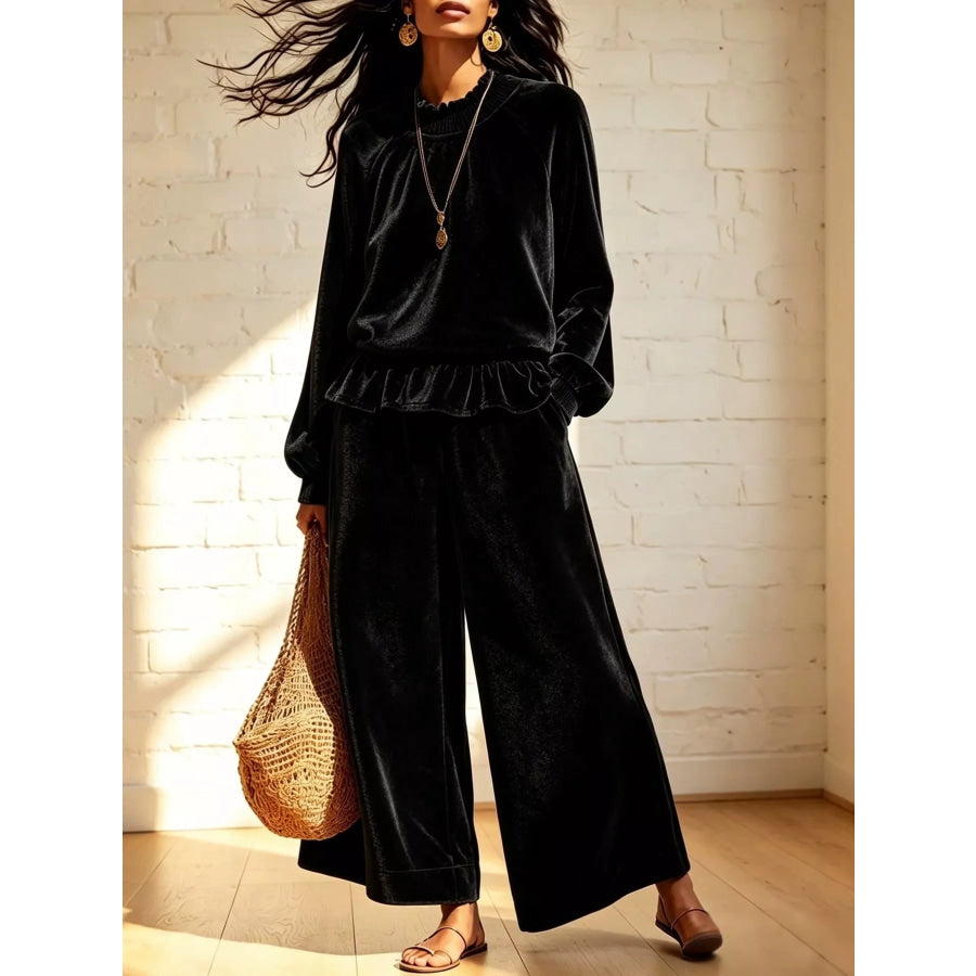 Velvet Ruffled Hem Top and Wide-Leg Pants Set Black / S Apparel Accessories