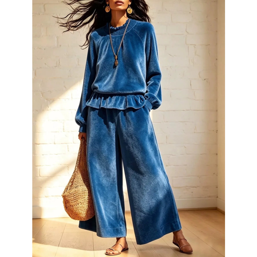 Velvet Ruffled Hem Top and Wide-Leg Pants Set Blue / S Apparel Accessories