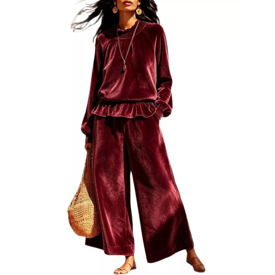 Velvet Ruffled Hem Top and Wide-Leg Pants Set Burgundy / S Apparel Accessories