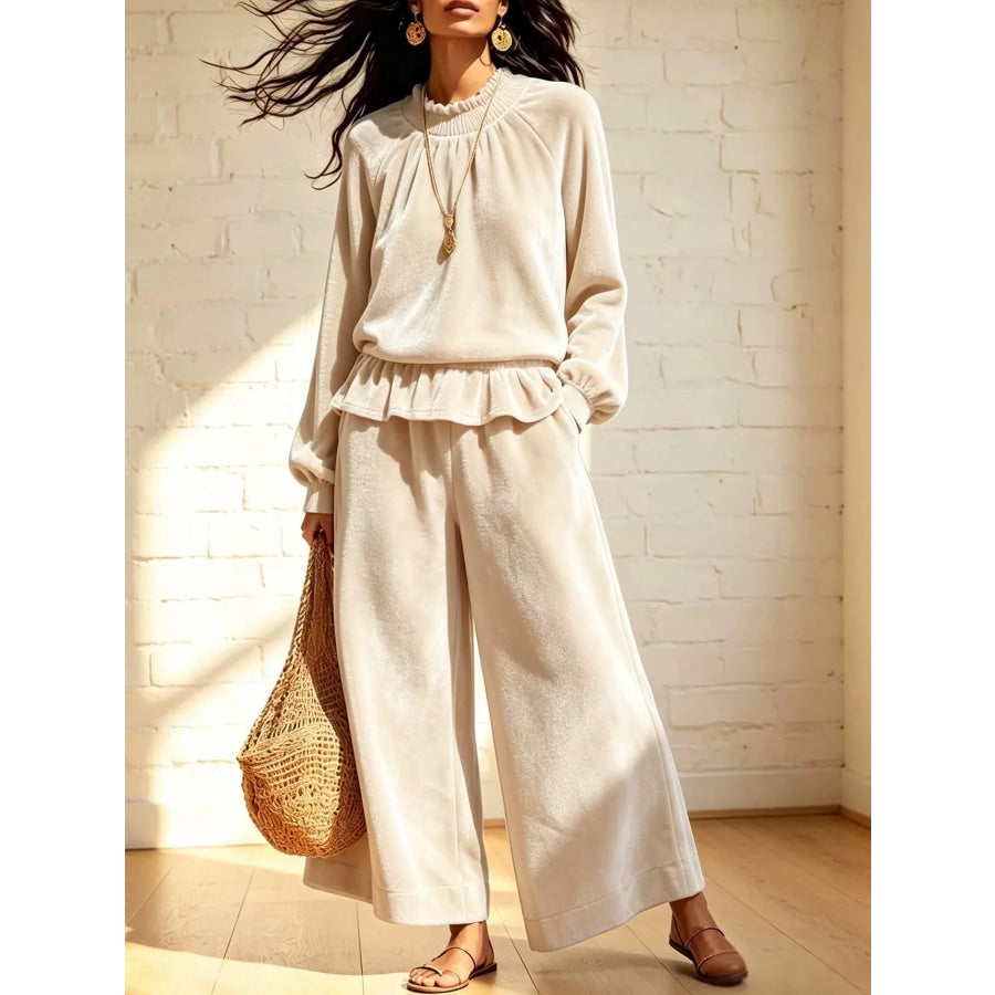 Velvet Ruffled Hem Top and Wide-Leg Pants Set Off-White / S Apparel Accessories