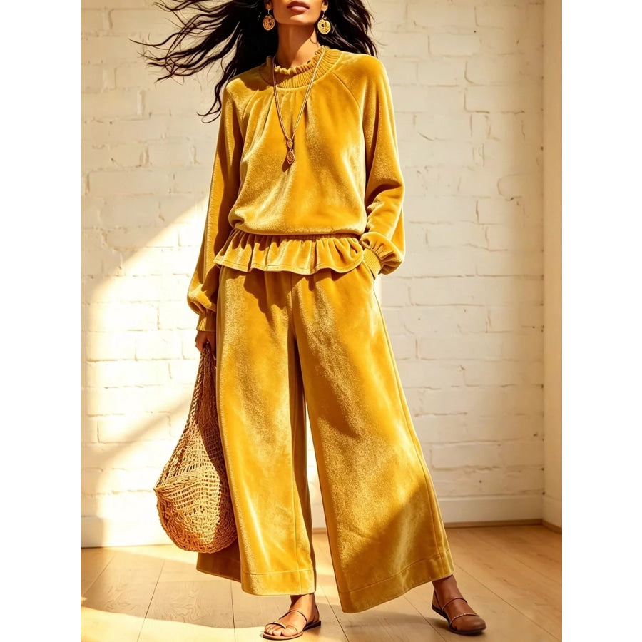 Velvet Ruffled Hem Top and Wide-Leg Pants Set Yellow / S Apparel Accessories