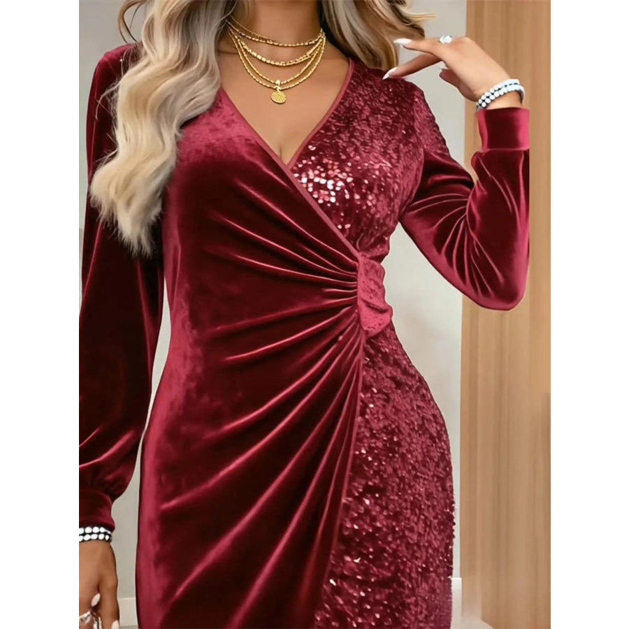 Velvet Sequin Long Sleeve Wrap Dress Apparel and Accessories