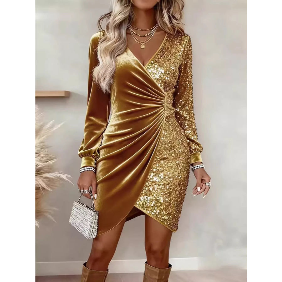 Velvet Sequin Long Sleeve Wrap Dress Apparel and Accessories