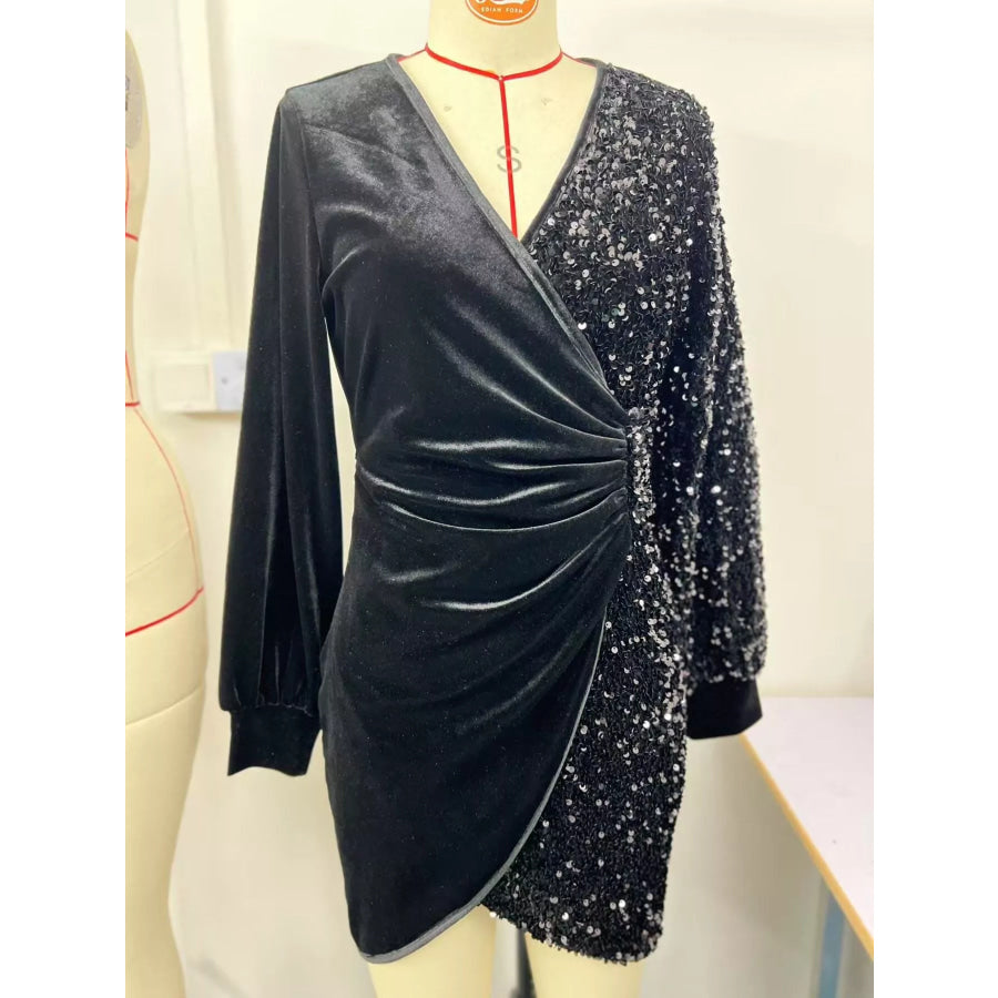Velvet Sequin Long Sleeve Wrap Dress Apparel and Accessories