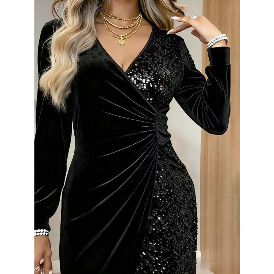 Velvet Sequin Long Sleeve Wrap Dress Apparel and Accessories