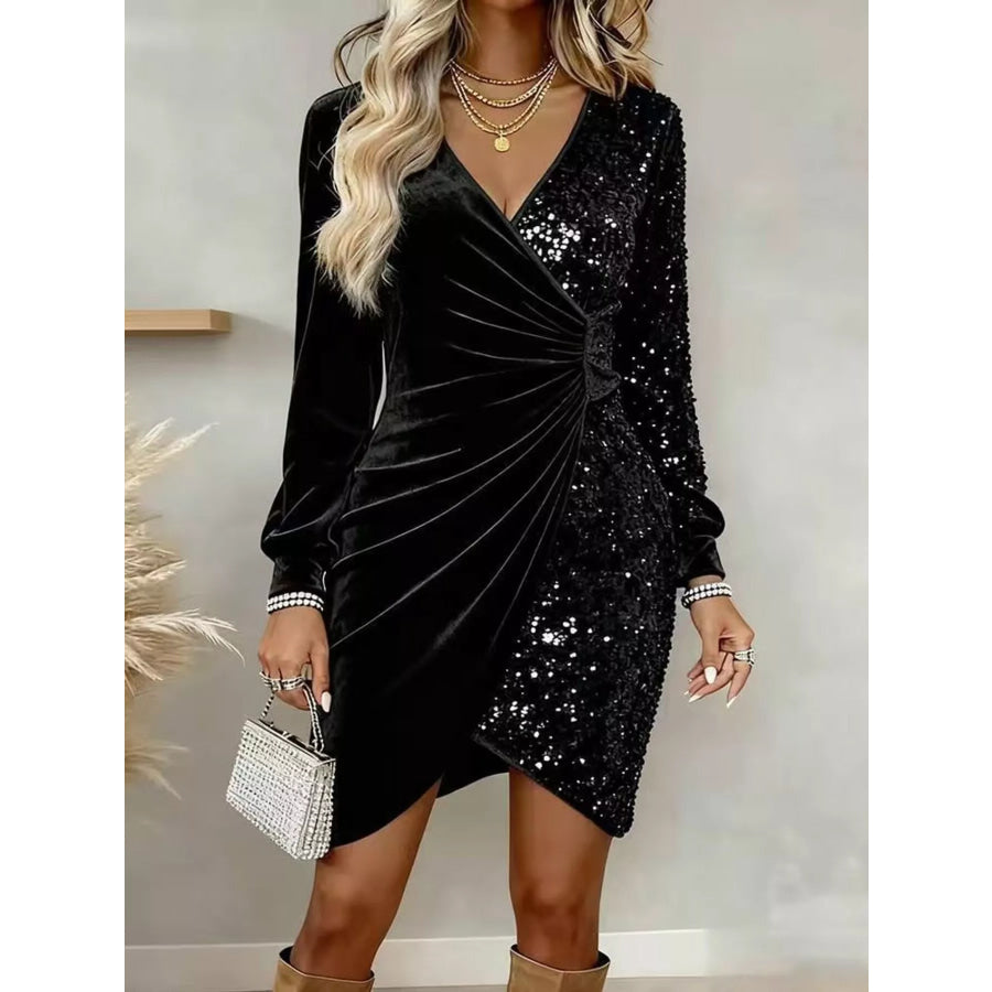 Velvet Sequin Long Sleeve Wrap Dress Black / S Apparel and Accessories