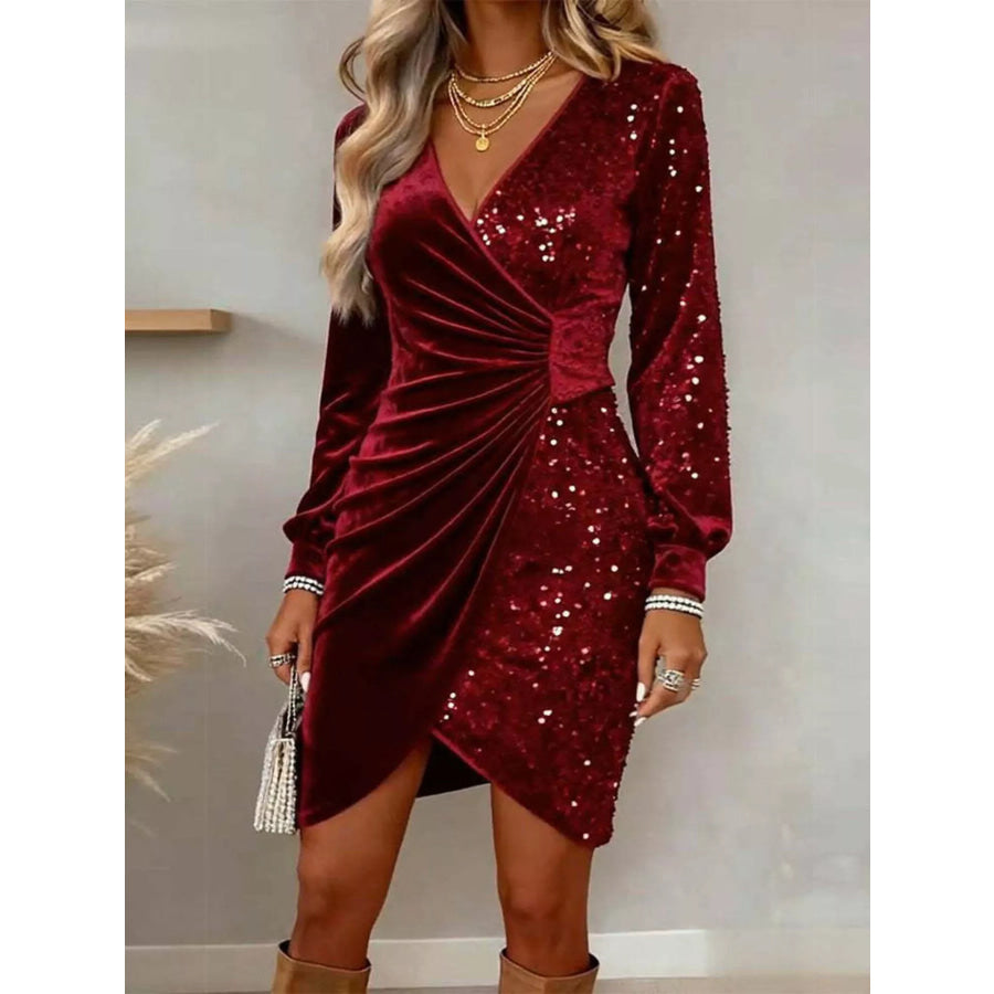 Velvet Sequin Long Sleeve Wrap Dress Burgundy / S Apparel and Accessories