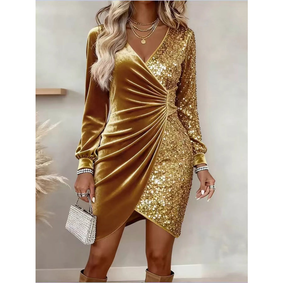 Velvet Sequin Long Sleeve Wrap Dress Gold / S Apparel and Accessories