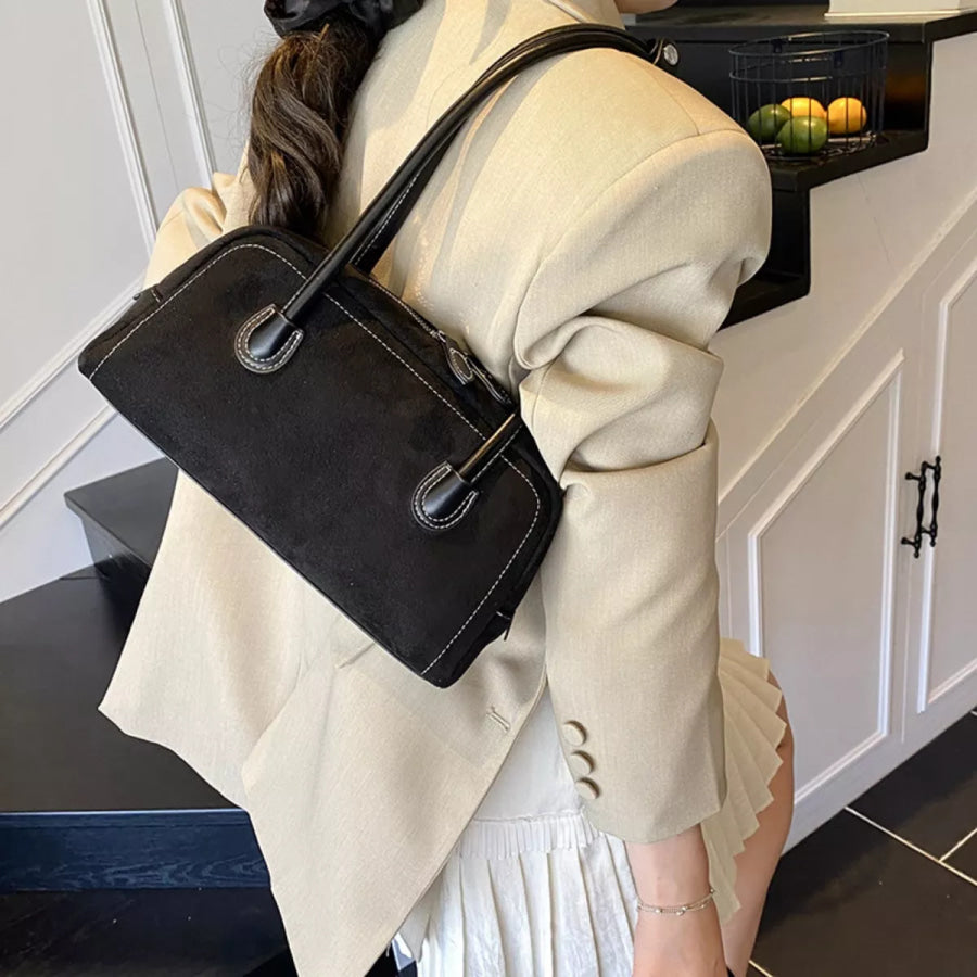 Velvet Shoulder Bag with Leather Strap Black / One Size Apparel and Accessories